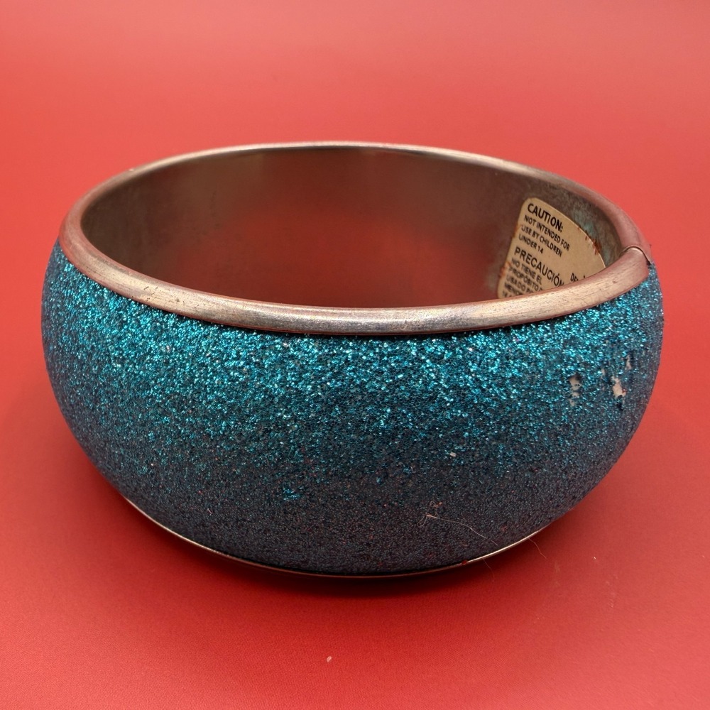Teal Blue Glitter Wide Bangle Bracelet Silver Tone Chunky Cocktail Statement